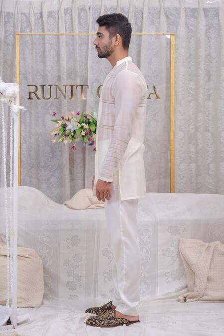 Buy_Runit Gupta_Ivory Cotton, Chanderi Silk Kurta Set_Online_at_Aza_Fashions