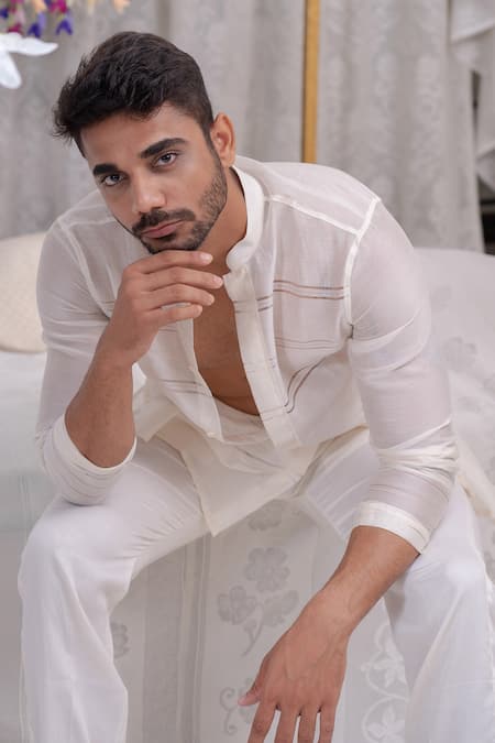 Runit Gupta_Ivory Cotton, Chanderi Silk Kurta Set_at_Aza_Fashions