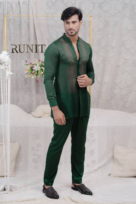 Runit Gupta Green Cotton, Chanderi Silk Kurta Set Online at Aza Fashions Runit Gupta_Green Cotton, Chanderi Silk Kurta Set _Online_at_Aza_Fashions