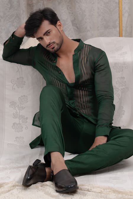 Shop Runit Gupta Green Cotton, Chanderi Silk Kurta Set Online at Aza Fashions Shop_Runit Gupta_Green Cotton, Chanderi Silk Kurta Set _Online_at_Aza_Fashions