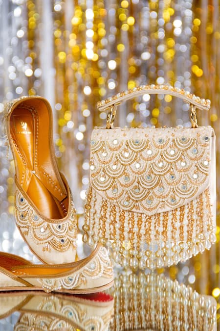 House Of Vian_Gold Pearls, Beads, Mirrors Embellished Satin Clutch With Sling _Online_at_Aza_Fashions