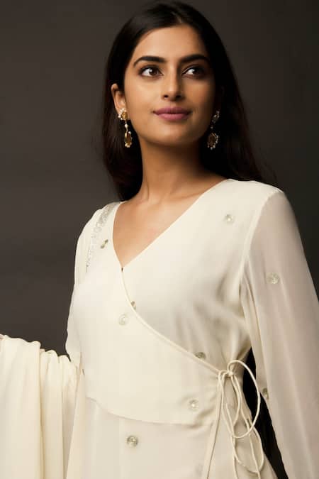 Buy_Jasmine Bains_White Cupro Georgette V Neck Embroidered Angarkha And Palazzo Set _Online_at_Aza_Fashions