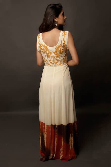 Shop Jasmine Bains White Cupro Georgette Scoop Neck Tie And Dye Embroidered Maxi Dress at Aza Fashions Shop_Jasmine Bains_White Cupro Georgette Scoop Neck Tie And Dye Embroidered Maxi Dress _at_Aza_Fashions