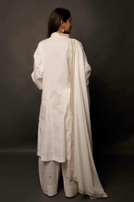 Shop Jasmine Bains White 100% Cotton Band Collar Embroidered Kurta Palazzo Set at Aza Fashions Shop_Jasmine Bains_White 100% Cotton Band Collar Embroidered Kurta Palazzo Set _at_Aza_Fashions