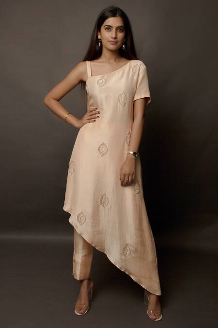 Jasmine Bains Peach Cupro Crepe Asymmetric Tunic And Pant Set 