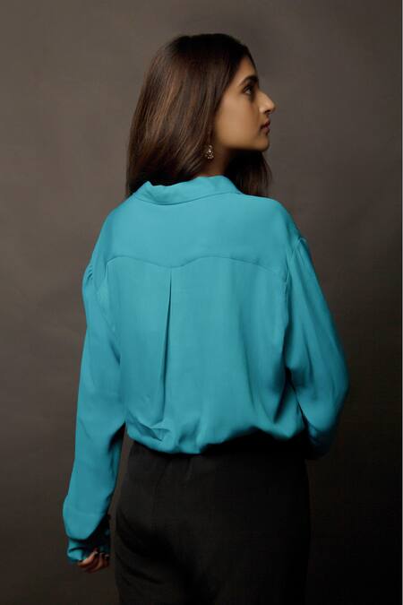 Shop Jasmine Bains Blue Cupro Georgette Straight Collar Cuff Sleeves Shirt at Aza Fashions Shop_Jasmine Bains_Blue Cupro Georgette Straight Collar Cuff Sleeves Shirt _at_Aza_Fashions