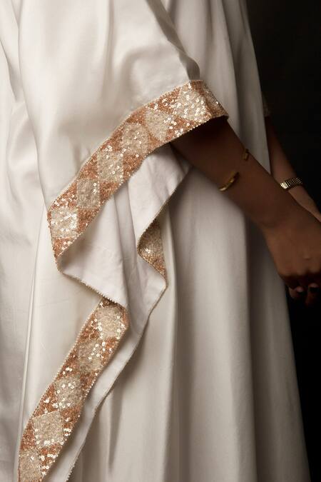 Shop Jasmine Bains White Cupro Satin V Neck Sequins Embellished Kaftan Online at Aza Fashions Shop_Jasmine Bains_White Cupro Satin V Neck Sequins Embellished Kaftan _Online_at_Aza_Fashions