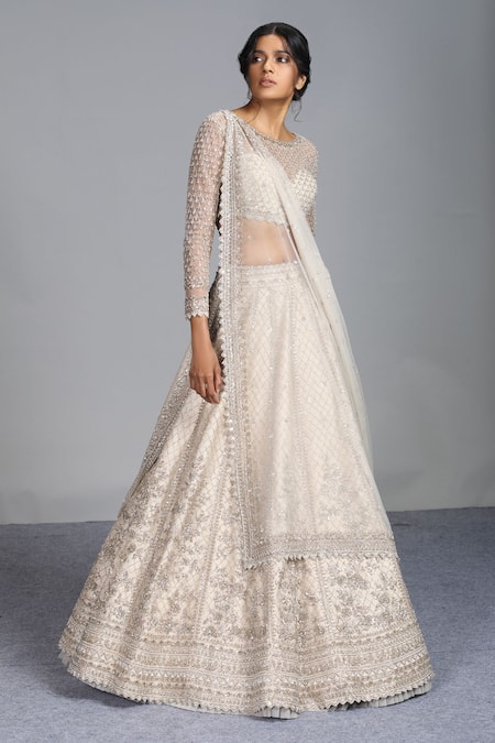 Anushree Reddy White Net Round Organza Embroidered Bridal Lehenga Set 