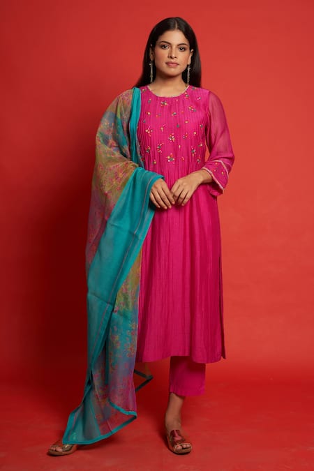 Priti Prashant Pink Cotton Mul And Sheer Jasmine Bodice Embroidered Kurta Pant Set