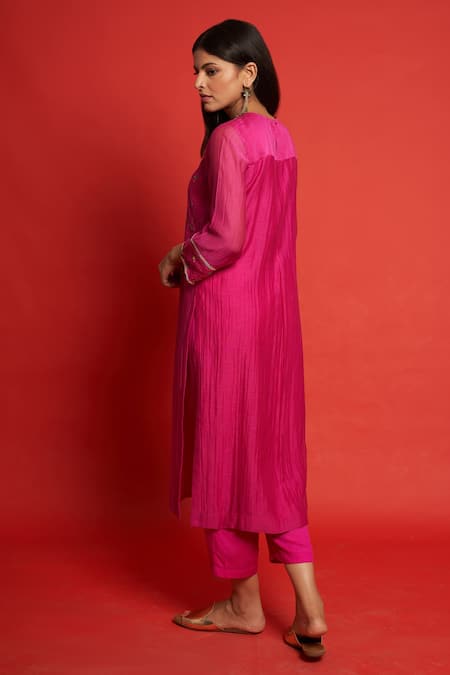 Shop Priti Prashant Pink Cotton Mul And Sheer Jasmine Bodice Embroidered Kurta Pant Set at Aza Fashions Shop_Priti Prashant_Pink Cotton Mul And Sheer Jasmine Bodice Embroidered Kurta Pant Set _at_Aza_Fashions