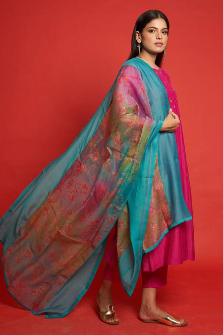 Priti Prashant Pink Cotton Mul And Sheer Jasmine Bodice Embroidered Kurta Pant Set Online at Aza Fashions Priti Prashant_Pink Cotton Mul And Sheer Jasmine Bodice Embroidered Kurta Pant Set _Online_at_Aza_Fashions