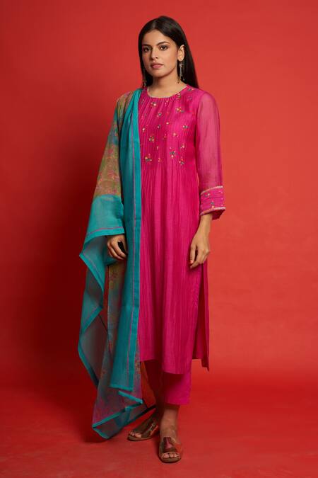 Buy Priti Prashant Pink Cotton Mul And Sheer Jasmine Bodice Embroidered Kurta Pant Set Online at Aza Fashions Buy_Priti Prashant_Pink Cotton Mul And Sheer Jasmine Bodice Embroidered Kurta Pant Set _Online_at_Aza_Fashions