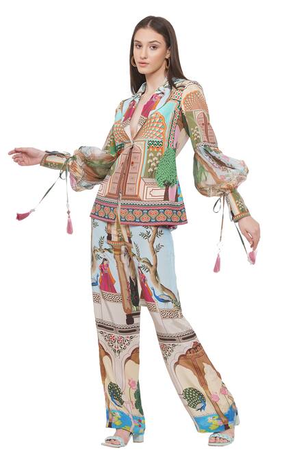 Buy Limerick By Abirr N' Nanki Multi Color Crepe And Organza Tree & Monument Print Lapel Collar Jaylaa Jacket Online at Aza Fashions Buy_Limerick By Abirr N' Nanki_Multi Color Crepe And Organza Tree & Monument Print Lapel Collar Jaylaa Jacket _Online_at_Aza_Fashions