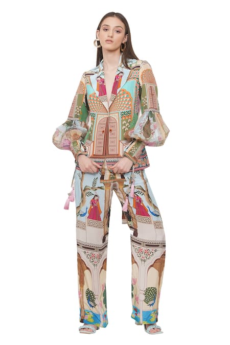 Limerick By Abirr N' Nanki Multi Color Crepe And Organza Tree & Monument Print Lapel Collar Jaylaa Jacket Online at Aza Fashions Limerick By Abirr N' Nanki_Multi Color Crepe And Organza Tree & Monument Print Lapel Collar Jaylaa Jacket _Online_at_Aza_Fashions