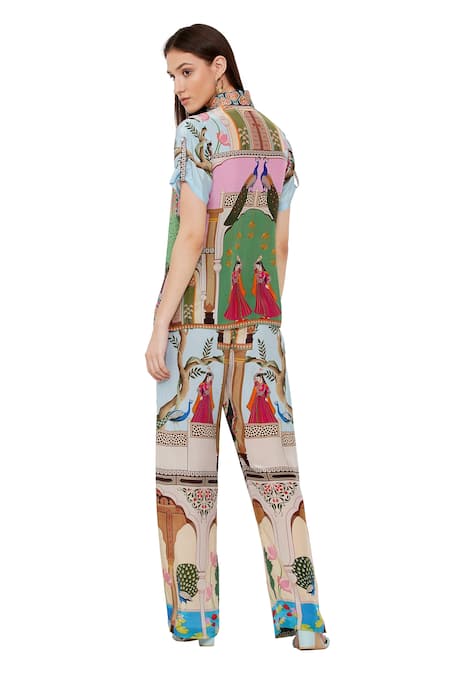 Shop_Limerick By Abirr N' Nanki_Multi Color Crepe Tree And Monument Print Mandarin Collar Jaylaa Shirt _at_Aza_Fashions