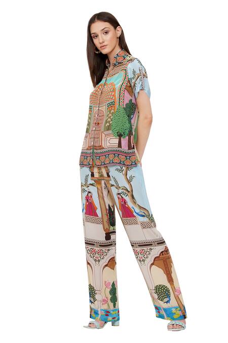 Limerick By Abirr N' Nanki_Multi Color Crepe Tree And Monument Print Mandarin Collar Jaylaa Shirt _Online_at_Aza_Fashions