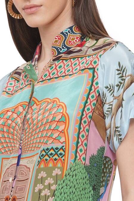 Limerick By Abirr N' Nanki_Multi Color Crepe Tree And Monument Print Mandarin Collar Jaylaa Shirt _at_Aza_Fashions