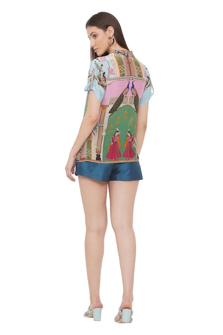 Shop_Limerick By Abirr N' Nanki_Green Handloom Silk Jaylaa Shorts _at_Aza_Fashions