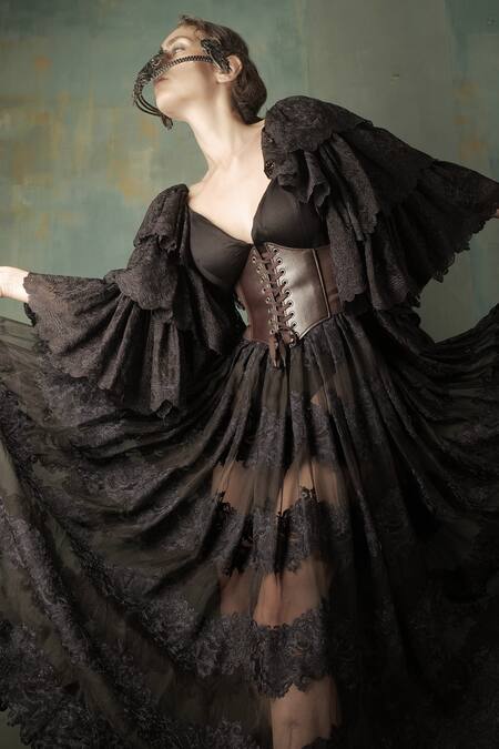 Nidhi Yasha_Black Viscose V Neck Layered Sleeve Maxi Dress_Online_at_Aza_Fashions