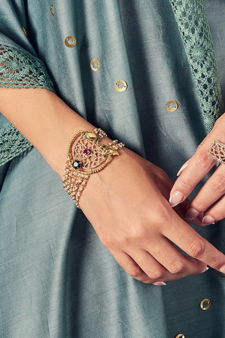 Shop_Charkhee_Gold Plated Stones Zari Pearl Embellished Bracelet _at_Aza_Fashions
