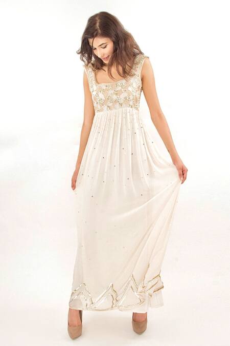 Jasmine Bains White Silk Georgette Gota, Sequin, Bead Deep Round Embroidered Gown Online at Aza Fashions Jasmine Bains_White Silk Georgette Gota, Sequin, Bead Deep Round Embroidered Gown _Online_at_Aza_Fashions