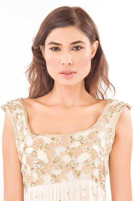 Buy Jasmine Bains White Silk Georgette Gota, Sequin, Bead Deep Round Embroidered Gown Online at Aza Fashions Buy_Jasmine Bains_White Silk Georgette Gota, Sequin, Bead Deep Round Embroidered Gown _Online_at_Aza_Fashions