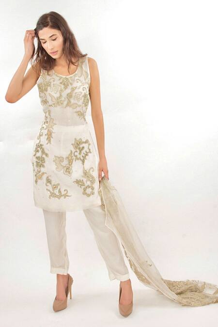 Jasmine Bains_Off White Silk Organza Floral, Sequin, Bead Gilet Embroidered And Trouser Set _Online_at_Aza_Fashions