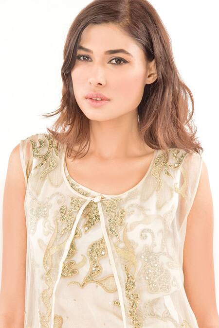 Buy_Jasmine Bains_Off White Silk Organza Floral, Sequin, Bead Gilet Embroidered And Trouser Set _Online_at_Aza_Fashions