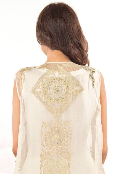 Shop_Jasmine Bains_Off White Silk Organza Floral, Sequin, Bead Gilet Embroidered And Trouser Set _Online_at_Aza_Fashions