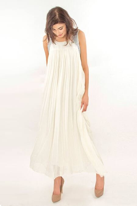 Jasmine Bains Ivory Cupro Georgette Plain Round Neck Pintuck Dress Online at Aza Fashions Jasmine Bains_Ivory Cupro Georgette Plain Round Neck Pintuck Dress _Online_at_Aza_Fashions