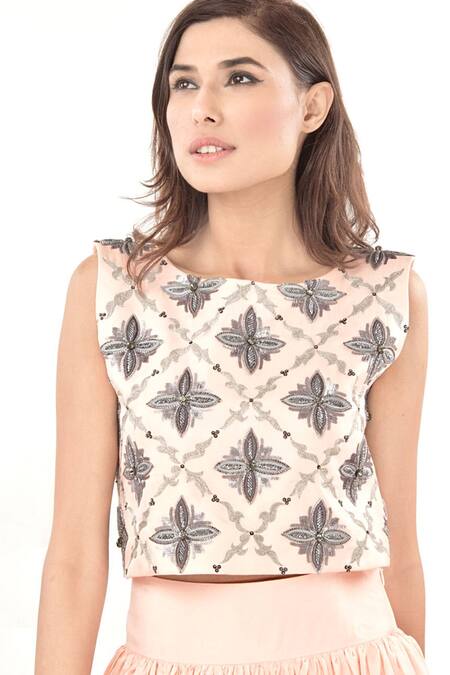 Buy Jasmine Bains Pink Silk Geometric, Sequin, Thread, Bead Round Crop Top And Skirt Set Online at Aza Fashions Buy_Jasmine Bains_Pink Silk Geometric, Sequin, Thread, Bead Round Crop Top And Skirt Set _Online_at_Aza_Fashions