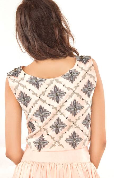 Shop Jasmine Bains Pink Silk Geometric, Sequin, Thread, Bead Round Crop Top And Skirt Set Online at Aza Fashions Shop_Jasmine Bains_Pink Silk Geometric, Sequin, Thread, Bead Round Crop Top And Skirt Set _Online_at_Aza_Fashions