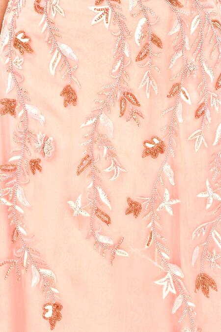 Shop_Jasmine Bains_Pink Silk Organza Floral, Sequin, Thread, Bead Embroidered Cape And Skirt Set _Online_at_Aza_Fashions