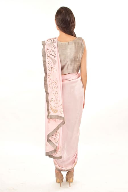Shop_Jasmine Bains_Pink Raw , Crepe, Chiffon Plain Round Trouser Set With Saree Drape _at_Aza_Fashions