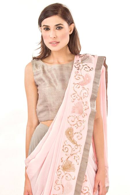 Jasmine Bains_Pink Raw , Crepe, Chiffon Plain Round Trouser Set With Saree Drape _Online_at_Aza_Fashions