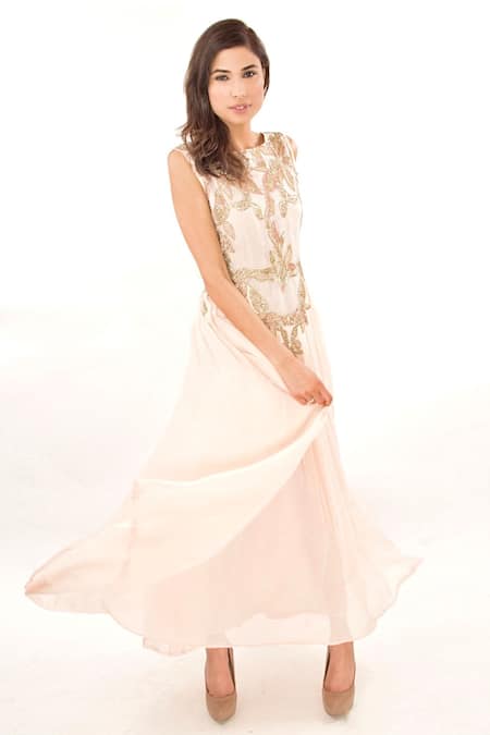 Jasmine Bains_Pink Organza, Georgette Floral, Sequin, Bead Boat Embroidered Gown _Online_at_Aza_Fashions