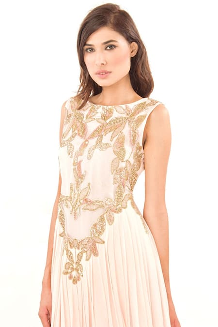 Buy_Jasmine Bains_Pink Organza, Georgette Floral, Sequin, Bead Boat Embroidered Gown _Online_at_Aza_Fashions