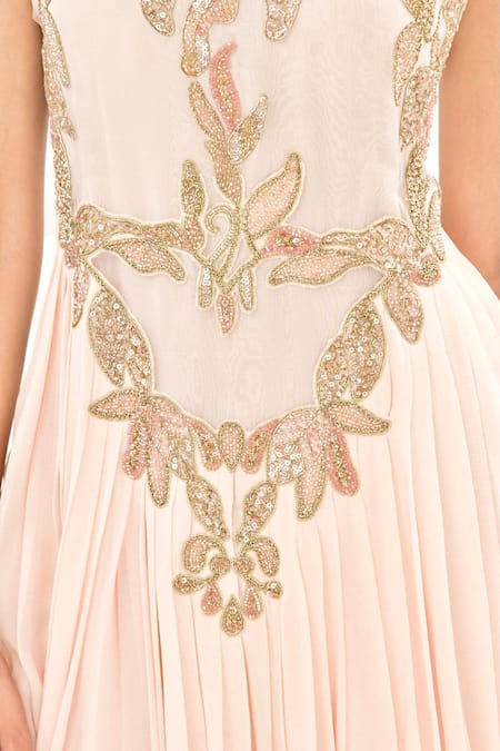 Jasmine Bains_Pink Organza, Georgette Floral, Sequin, Bead Boat Embroidered Gown _at_Aza_Fashions