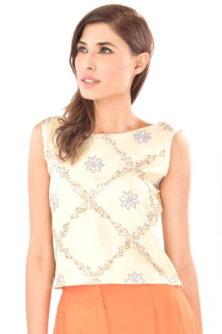 Jasmine Bains_Beige Pant Crepe, Top Geometric, Sequin, Embroidered And Trouser Set _Online_at_Aza_Fashions