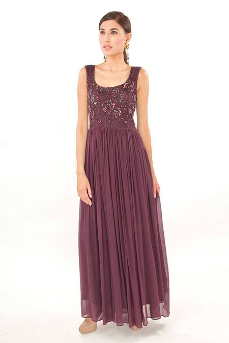 Jasmine Bains_Purple Silk Georgette Floral, Sequin Deep Round Embroidered Gown _Online_at_Aza_Fashions