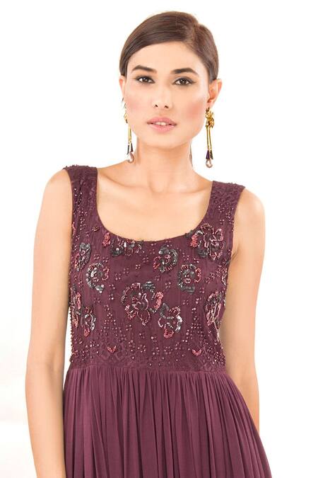 Buy_Jasmine Bains_Purple Silk Georgette Floral, Sequin Deep Round Embroidered Gown _Online_at_Aza_Fashions
