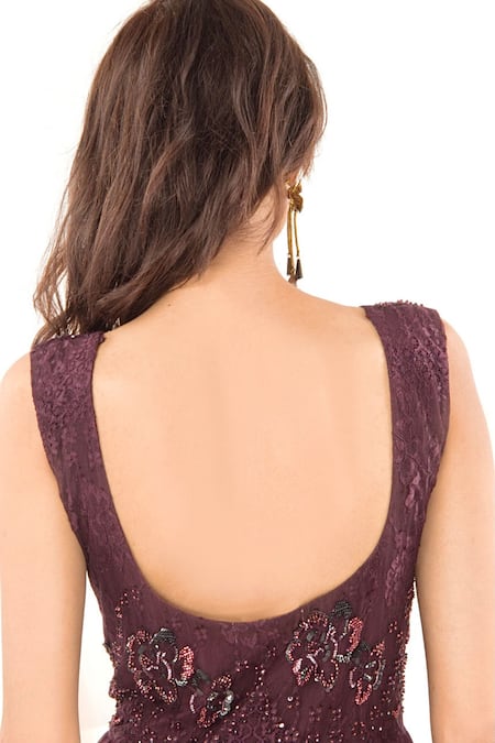 Shop_Jasmine Bains_Purple Silk Georgette Floral, Sequin Deep Round Embroidered Gown _Online_at_Aza_Fashions