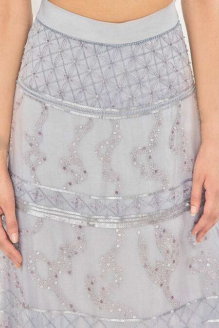 Shop_Jasmine Bains_Purple Silk Organza Sequin, Thread V Neck Embroidered Top And Skirt Set _Online_at_Aza_Fashions