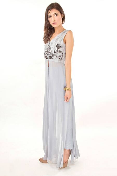 Jasmine Bains_Grey Organza, Georgette, Stretch Crepe Embroidered Tunic And Trouser Set _Online_at_Aza_Fashions