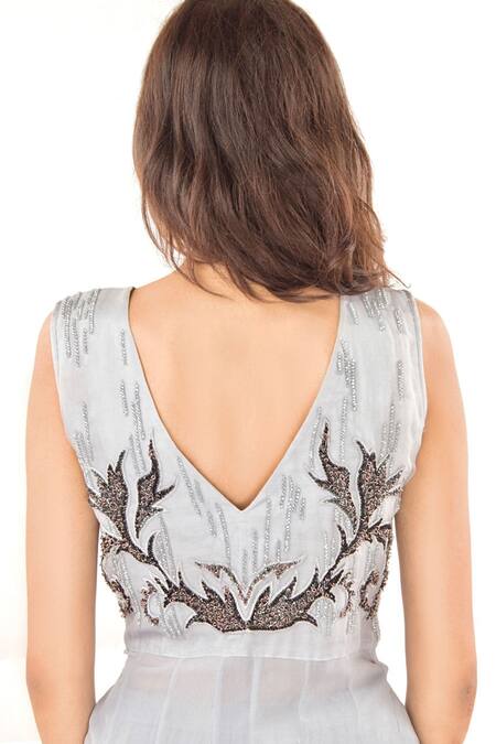 Shop_Jasmine Bains_Grey Organza, Georgette, Stretch Crepe Embroidered Tunic And Trouser Set _Online_at_Aza_Fashions