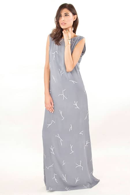 Jasmine Bains Grey Georgette Thread, Bead Boat Neck Embroidered Gown Online at Aza Fashions Jasmine Bains_Grey Georgette Thread, Bead Boat Neck Embroidered Gown _Online_at_Aza_Fashions