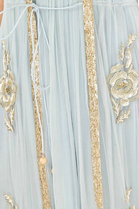 Shop_Jasmine Bains_Blue Gilet Tulle Net, Gown Silk Chiffon Gota, Sequin, Thread, With Embroidered _Online_at_Aza_Fashions