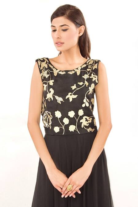 Jasmine Bains_Black Organza, Georgette Floral, Sequin, Thread, Bead Embroidered Gown _Online_at_Aza_Fashions