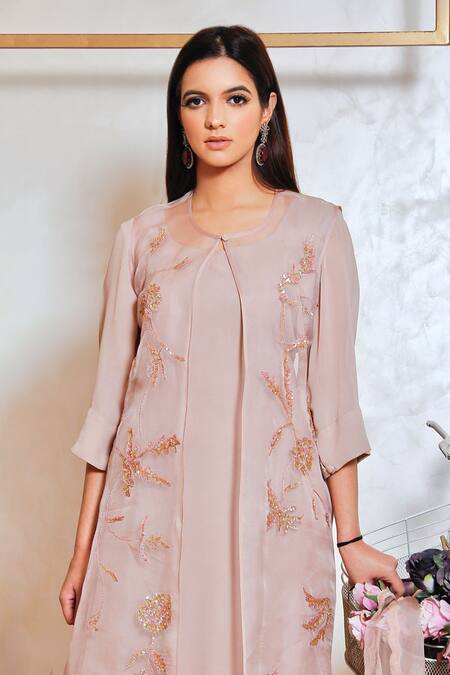 Buy_Jasmine Bains_Pink Silk Organza And Cupro Crepe Thread Round Embroidered Jacket & Pant Set _Online_at_Aza_Fashions