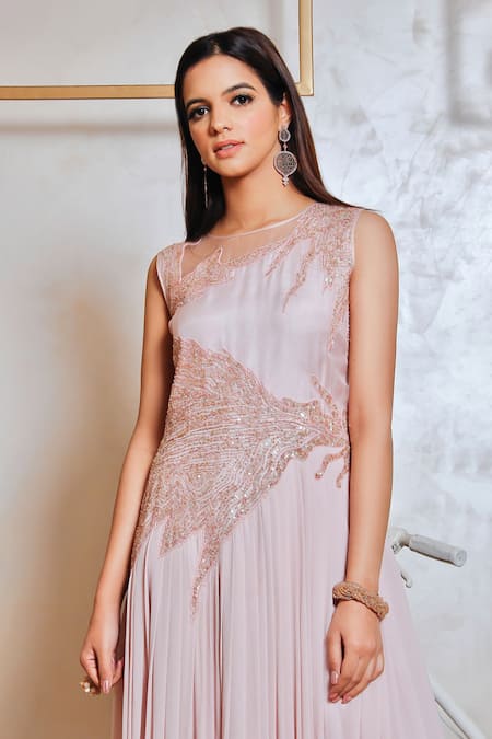 Jasmine Bains_Pink Georgette And Silk Organza Thread & Sequin Round Placement Embroidered Gown _Online_at_Aza_Fashions